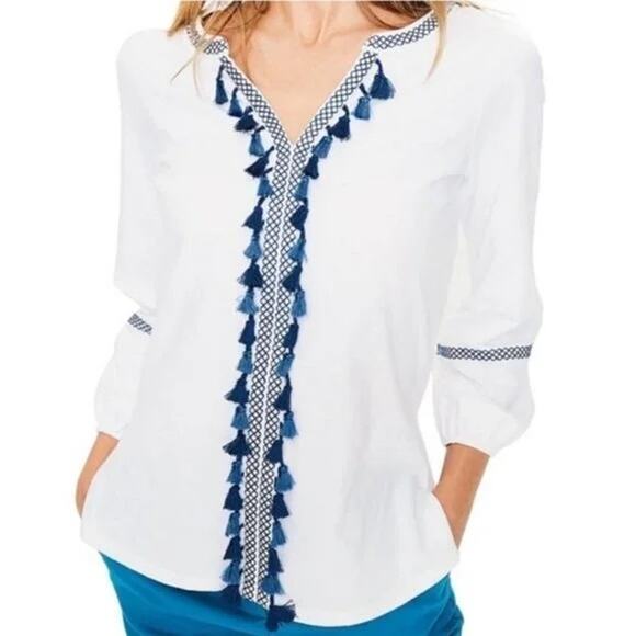 Boden Split Neck Tassel Front Embroidered Tunic Boho Top White Blue Medium - Picture 2 of 7